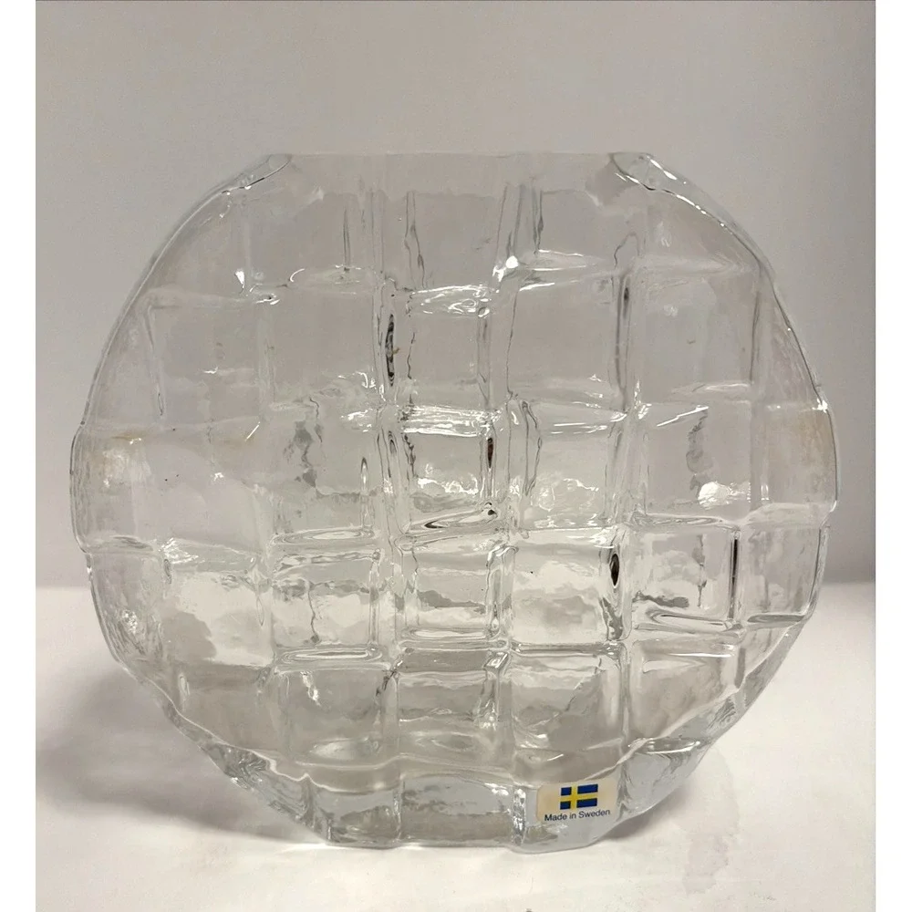 Swedish Mid Century Modern Handblown Textured Vase Round Clear
